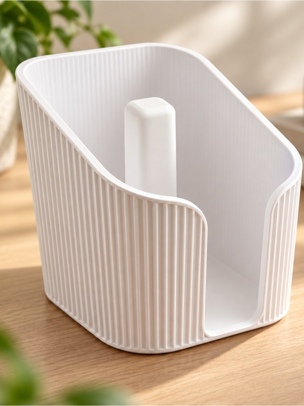 White Ribbed Plastic Toilet Paper Organizer with Central Spindle